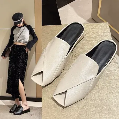 2023年新款夏季露趾包头半拖鞋女网红无后跟懒人平底外穿半托单鞋图片