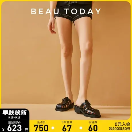 BeauToday方头凉拖BT外穿凉鞋高跟包头拖鞋罗马编织真皮法式单鞋商品大图
