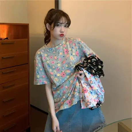 夏季新款大码女装胖mm韩版宽松复古印花圆领显瘦短袖T恤上衣200斤商品大图