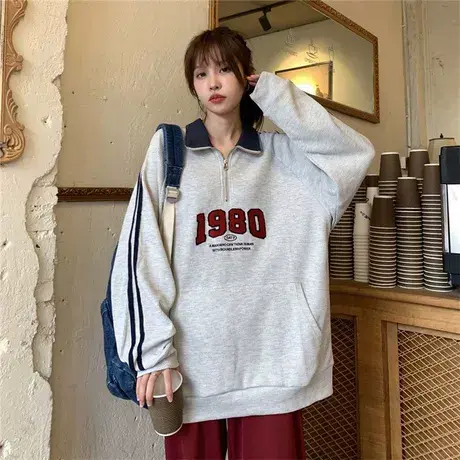 大码华夫格卫衣女胖mm春秋薄款慵懒宽松减龄半拉链运动外套200斤商品大图