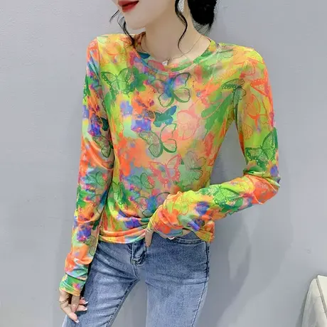 薄款防晒罩衫女长袖欧货泫雅风彩色印花网纱上衣个性洋气打底T恤图片