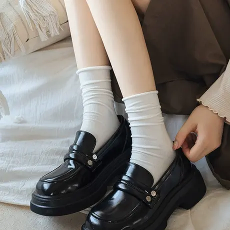 中长筒袜子女春秋卷边堆堆棉袜白色配小皮鞋乐福鞋穿的ins潮女土商品大图