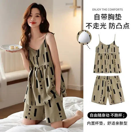 婷美吊带睡衣女款夏天纯棉带胸垫无袖短裤休闲夏季薄款家居服套装商品大图