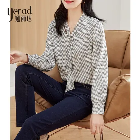 娅丽达女士衬衫2023春季新款高级感印花飘带小衫长袖通勤职业衬衣商品大图