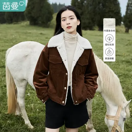 茵曼2023冬女装新款复古时尚翻领撞色单排扣灯芯绒宽松上衣短外套图片