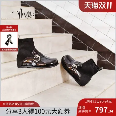 millie's妙丽2023冬新款简约百搭圆头弹力靴短靴女袜靴2206BDD3图片