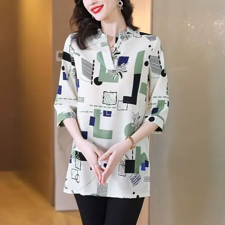 中长款大码印花衬衫女夏季2023新款洋气七分袖宽松胖MM遮肉女上衣商品大图