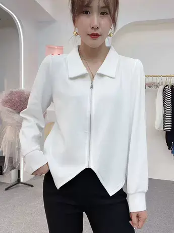 新款韩版翻领长袖小个子短款显瘦不规则T恤女拉链开衫简约风上衣商品大图