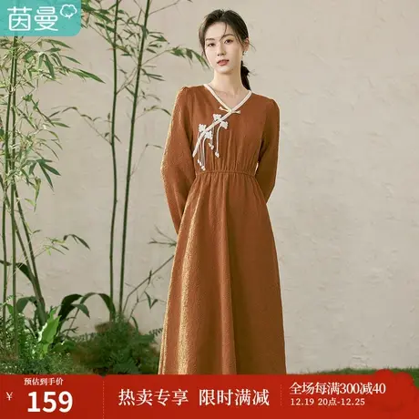 茵曼2023春女装新款田园新中式A字V领装饰蝴蝶结弹力松紧腰连衣裙图片