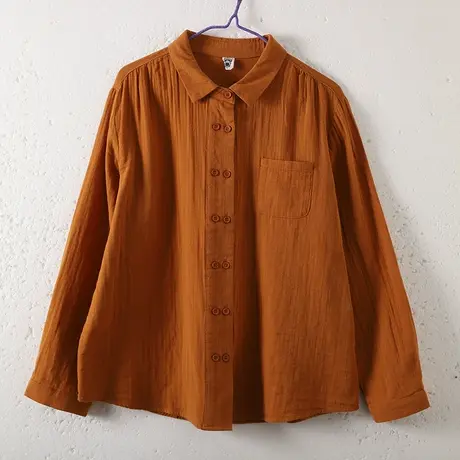 dza 复古单排双粒扣纯色长袖衬衣女士春季宽松上衣休闲棉质衬衫女图片