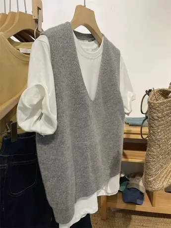 复古V领羊毛针织马甲女2023秋季新款宽松显瘦纯色无袖毛衣背心图片