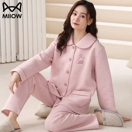 猫人秋冬新款女士家居服睡衣纯棉夹棉加厚保暖柔软舒适甜美格子图片