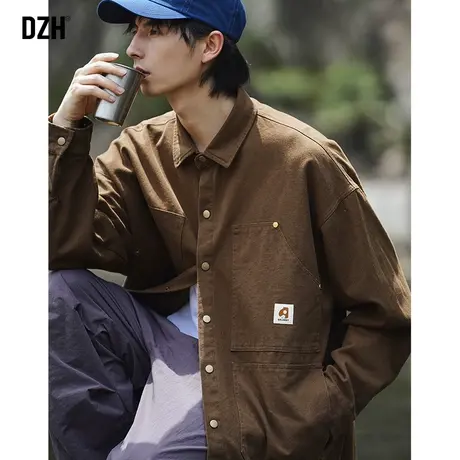 男士工装长袖衬衫男秋季高级感2023新款咖色纯棉上衣休闲衬衣外套商品大图