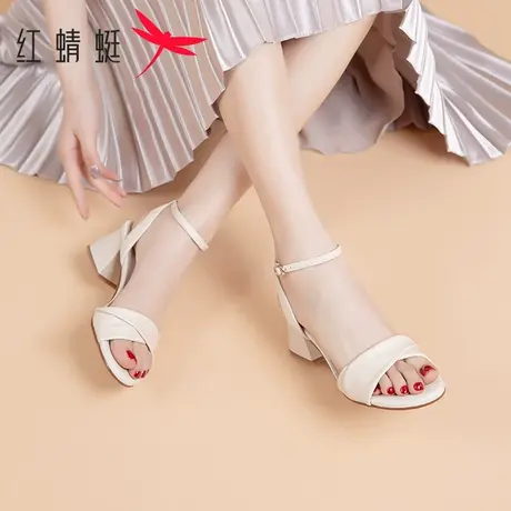 红蜻蜓女凉鞋真皮时尚夏季百搭2025新款粗跟凉鞋女士软底高跟鞋子商品大图