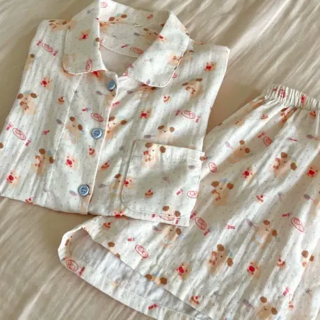新品！春季上新a类纯棉双层纱布可爱卡通印花短袖短裤睡衣家居服商品大图
