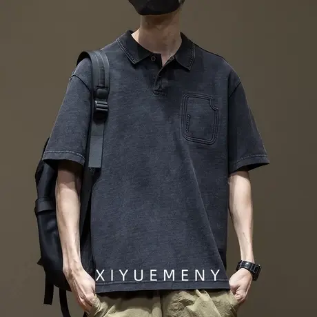 水洗做旧美式POLO衫t恤男宽松大码夏季新款潮牌工装短袖工作服装商品大图