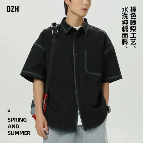 男士黑色工装短袖衬衫男高级感痞帅2025新款夏季男装纯棉衬衣夏装图片