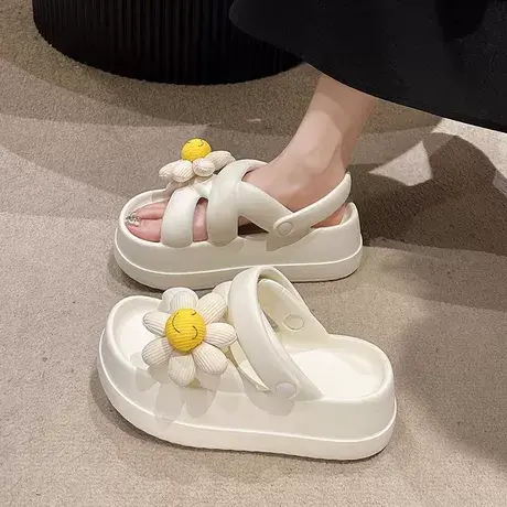 可爱笑脸花朵凉拖鞋女夏季外穿2025新款厚底高跟两穿沙滩罗马凉鞋商品大图
