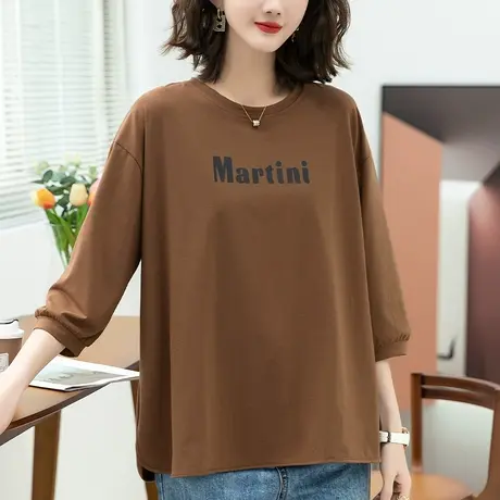 七分袖春夏季女上衣加肥加大码女装宽松遮肚子休闲半袖T恤打底衫商品大图