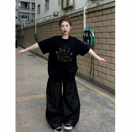 爆款纯棉美式复古趣味创意短袖t恤女2025新款宽松慵懒落肩上衣潮商品大图