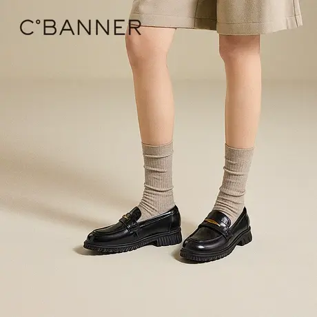 千百度漆皮厚底乐福鞋女百搭气质新款通勤增高深口黑色小皮鞋单鞋商品大图