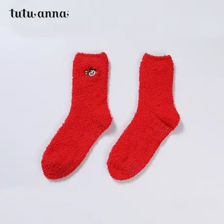 tutuanna毛毛袜女 秋冬加厚保暖红色本命年刺绣防滑毛毛袜地板袜商品大图