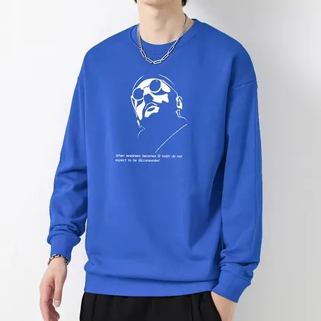 克莱因蓝重磅纯棉卫衣男宽松潮流印花圆领无帽上衣摇粒绒长袖t恤商品大图