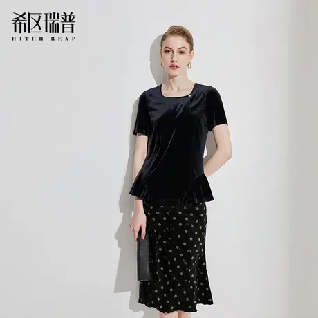 希区瑞普2025新款早秋丝绒微弹短袖小衫荷叶边上衣商品大图