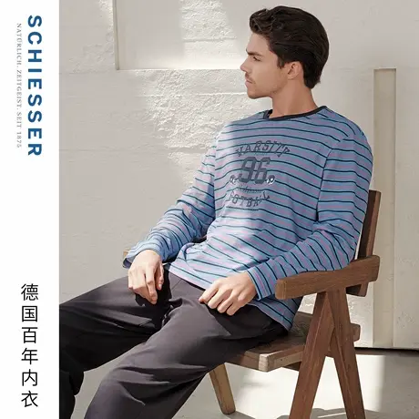 SCHIESSER舒雅25年早秋新品男士纯棉条纹圆领大码睡衣家居服套装商品大图