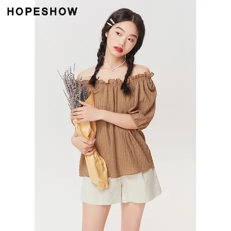 红袖夏季2022新款女装 拼接松紧木耳边一字肩套头上衣89122212009商品大图