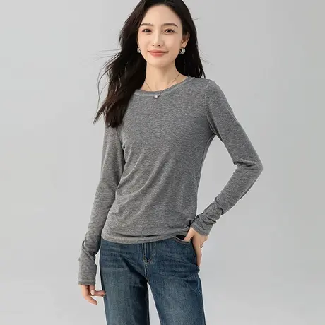 韩系灰色圆领T恤打底衫女2025新款休闲女装天丝羊毛长袖针织上衣商品大图