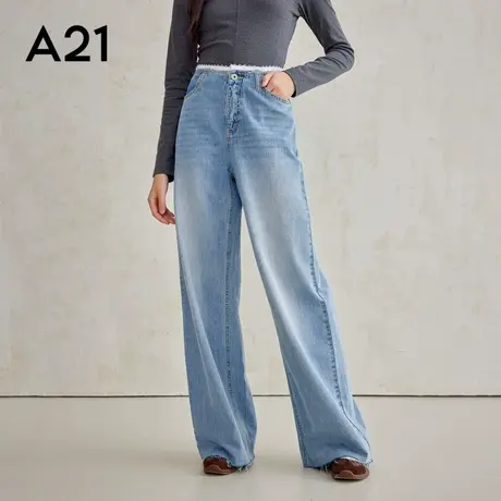 A21女装无弹宽松中腰阔腿长牛仔裤时尚百搭休闲直筒拖地裤商品大图