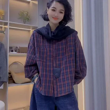 慵懒风格子长袖衬衣女2025秋季新款文艺休闲百搭单排扣衬衫上衣潮商品大图