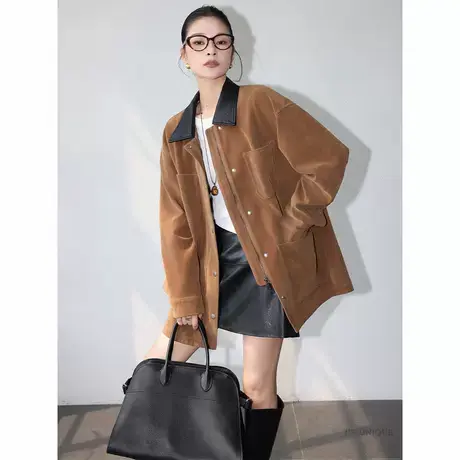 爵莱菲大码咖色时尚中长款翻领外套女2025秋季宽松撞色气质大衣图片