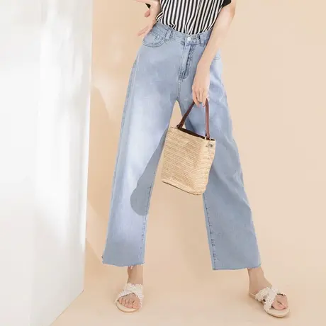 桔熊夏季薄款牛仔长裤子女柔软高腰裤脚毛边宽松直筒裤大码BA5709商品大图