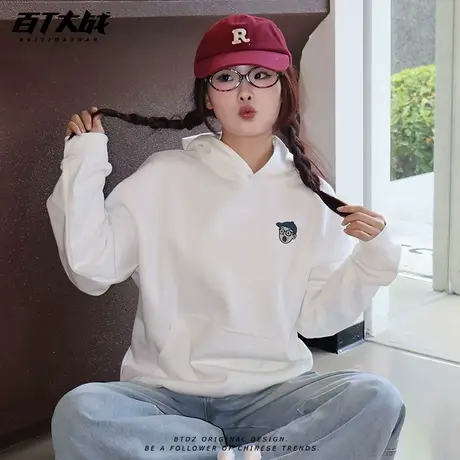 潮牌原创简约吃惊男孩印花连帽卫衣女秋冬款薄款白色正肩情侣上衣图片