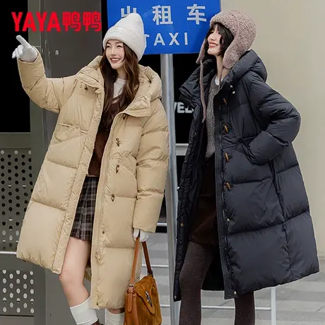 鸭鸭牛角扣羽绒服女中长款冬季新款时尚休闲连帽加厚保暖宽松外套商品大图