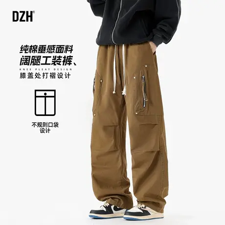 男士多口袋褶皱工装裤男纯棉2025新款秋季卡其色裤子宽松阔腿裤潮商品大图