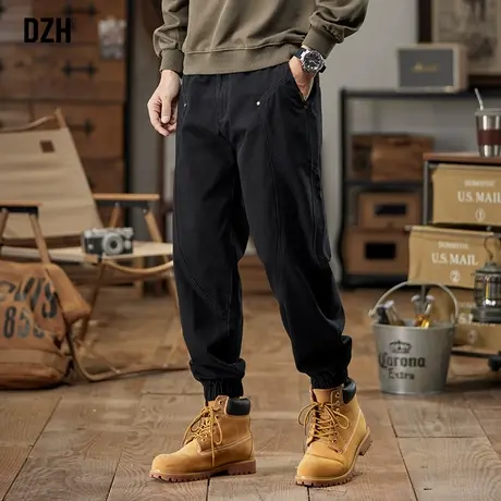 男士纯棉裤子男款秋季潮牌美式高街黑色休闲裤束脚2023新款工装裤商品大图