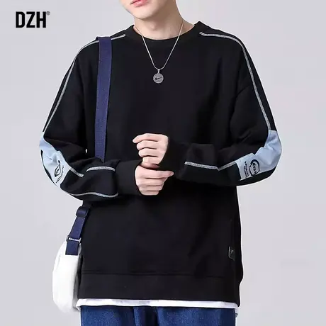 男士拼接刺绣卫衣男秋季圆领潮牌长袖上衣男款黑色打底衫2023新款商品大图