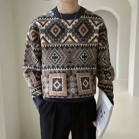毛衣男秋冬美式复古几何满印圆领套头针织衫打底休闲民族风线衣商品大图