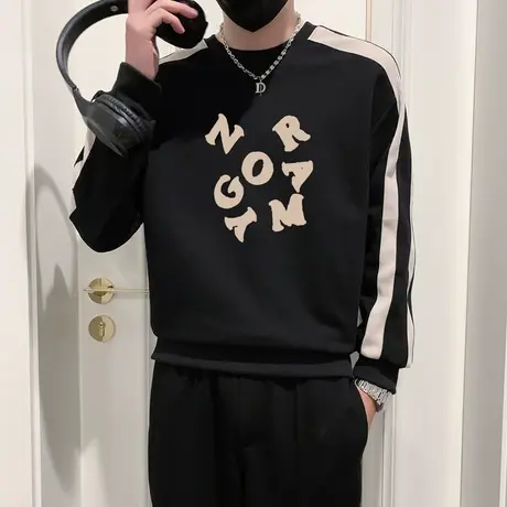 高级感撞色字母印花卫衣男小众T恤长袖秋季宽松休闲穿搭上衣体恤图片