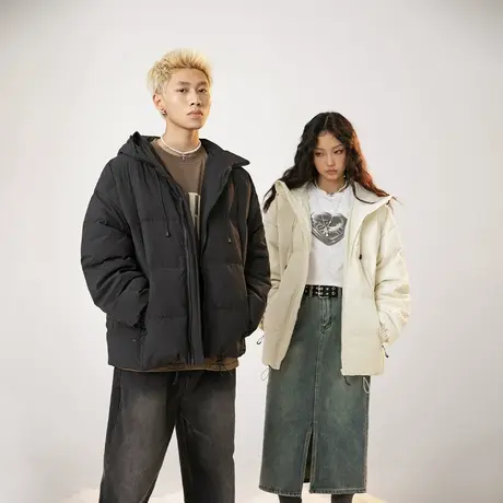 潮牌纯色连帽羽绒服女冬季加厚外套2023新款复古情侣装宽松面包服图片