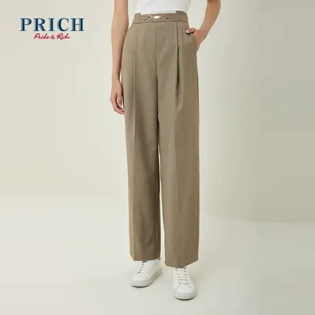 PRICH23春秋新腰部金属装饰高腰阔腿长休闲裤裤子女商品大图