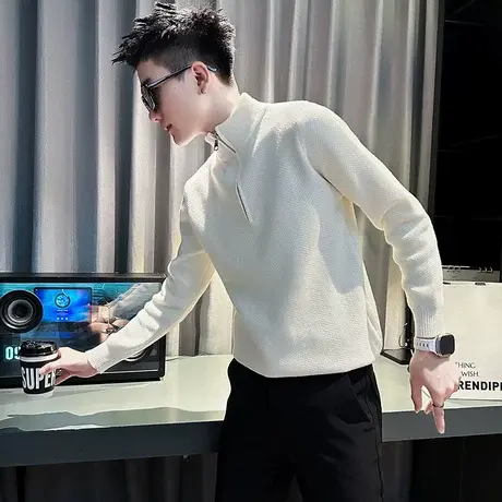 秋冬季半高领毛衣韩版休闲纯色ins个性潮牌半拉链针织衫上衣外套商品大图