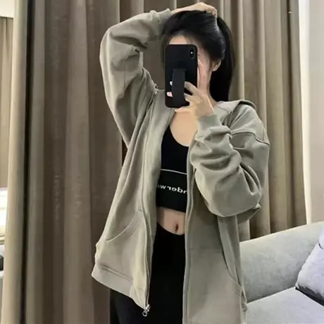 连帽大码卫衣女2023新款秋冬季小个子宽松慵懒风加绒加厚开衫外套商品大图