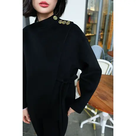 2023秋冬新款女装经典黑色高级感爆款羊毛羊绒斜襟系带短外套上衣图片