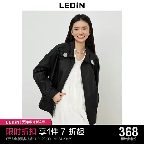 乐町机能风皮衣外套2023年秋季新品学院风拼格纹复古棕色宽松外套图片
