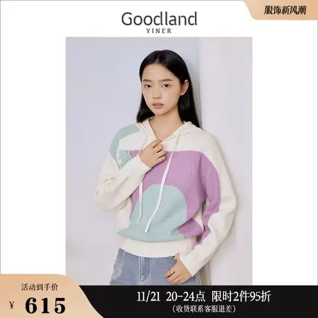 Goodland美地女装2023冬季拼色提花针织衫连帽复古绣花套头商品大图
