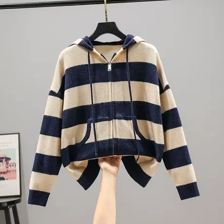 22095连帽衫女士开衫新款韩版宽松条纹长袖针织衫拉链外套上衣商品大图